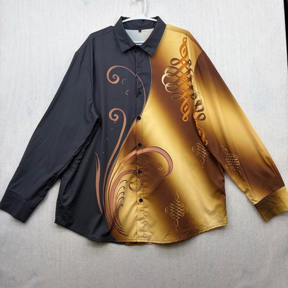 Mens 2XL Long Sleeve Button Down Shirt Gold Black Filigree Graphic Art 0314